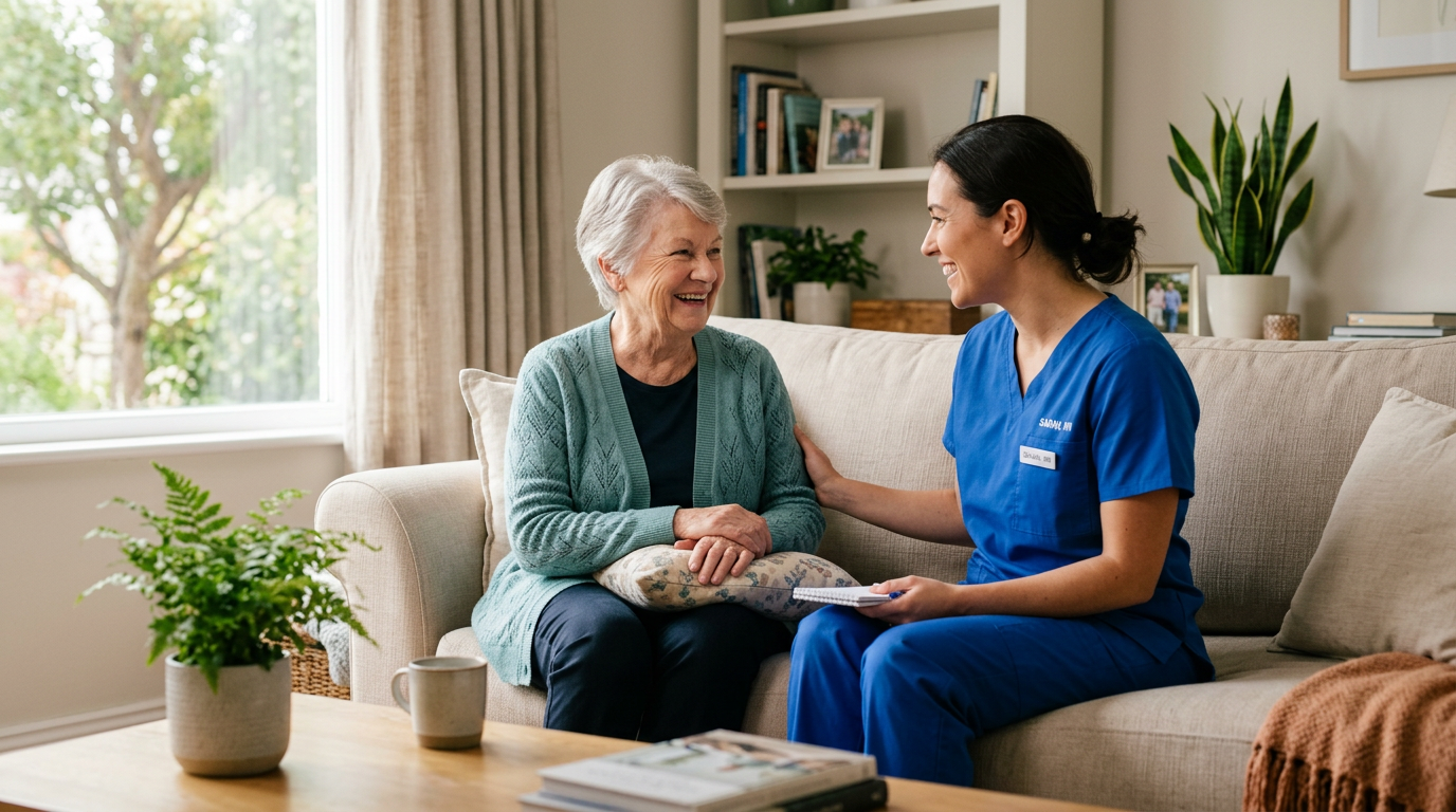 A home health nurse caring for an elderly client in a warm living room