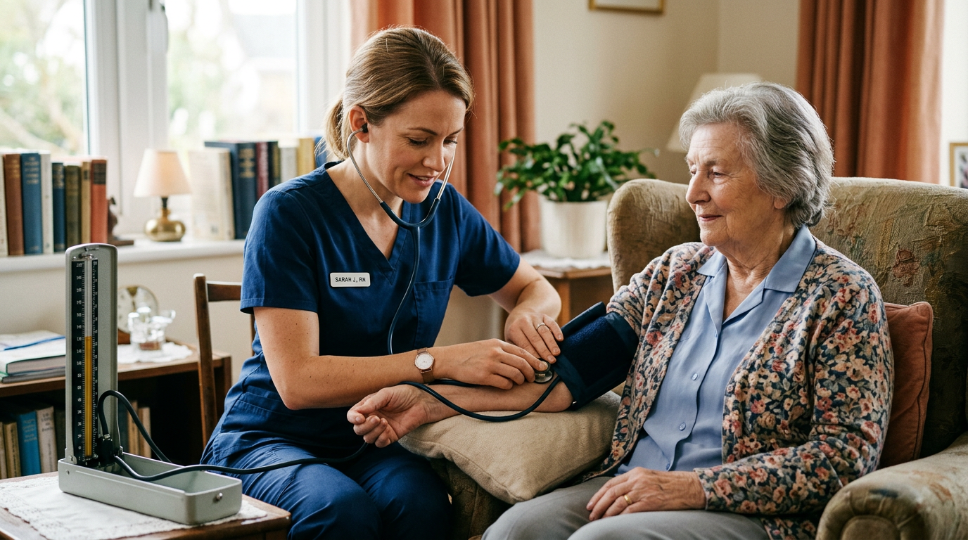 Nurse measuring a patient's blood pressure at home